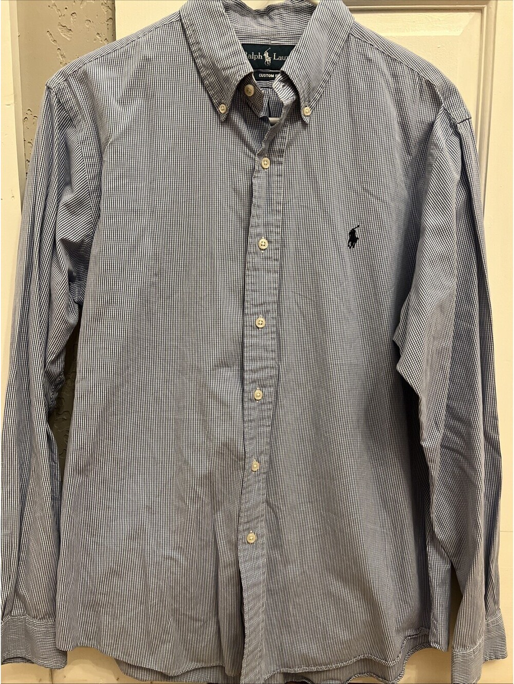 Ralph Lauren Custom Fit Shirt Blue White Checker Button-Down L/S Size Large